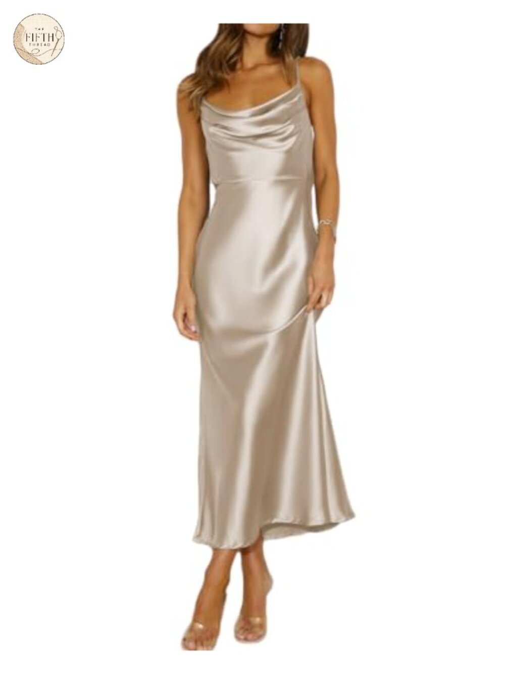 Satin Cowl Neck Backless Midi Dress Spaghetti Strap Wedding Guest